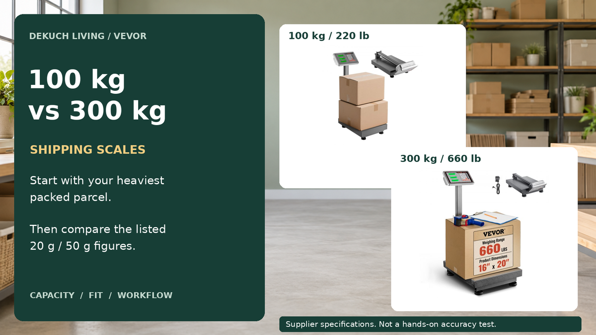 VEVOR 100 kg vs 300 kg shipping scales: capacity, readout and fit