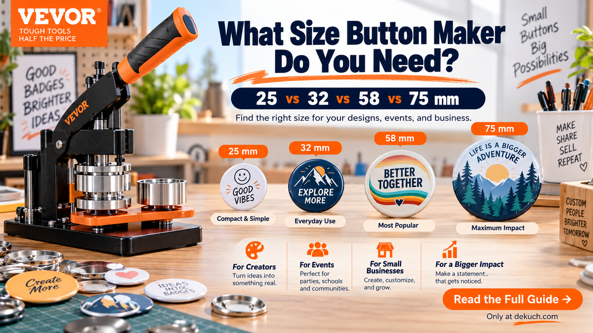 VEVOR button maker size guide comparing 25, 32, 58 and 75 mm button sizes