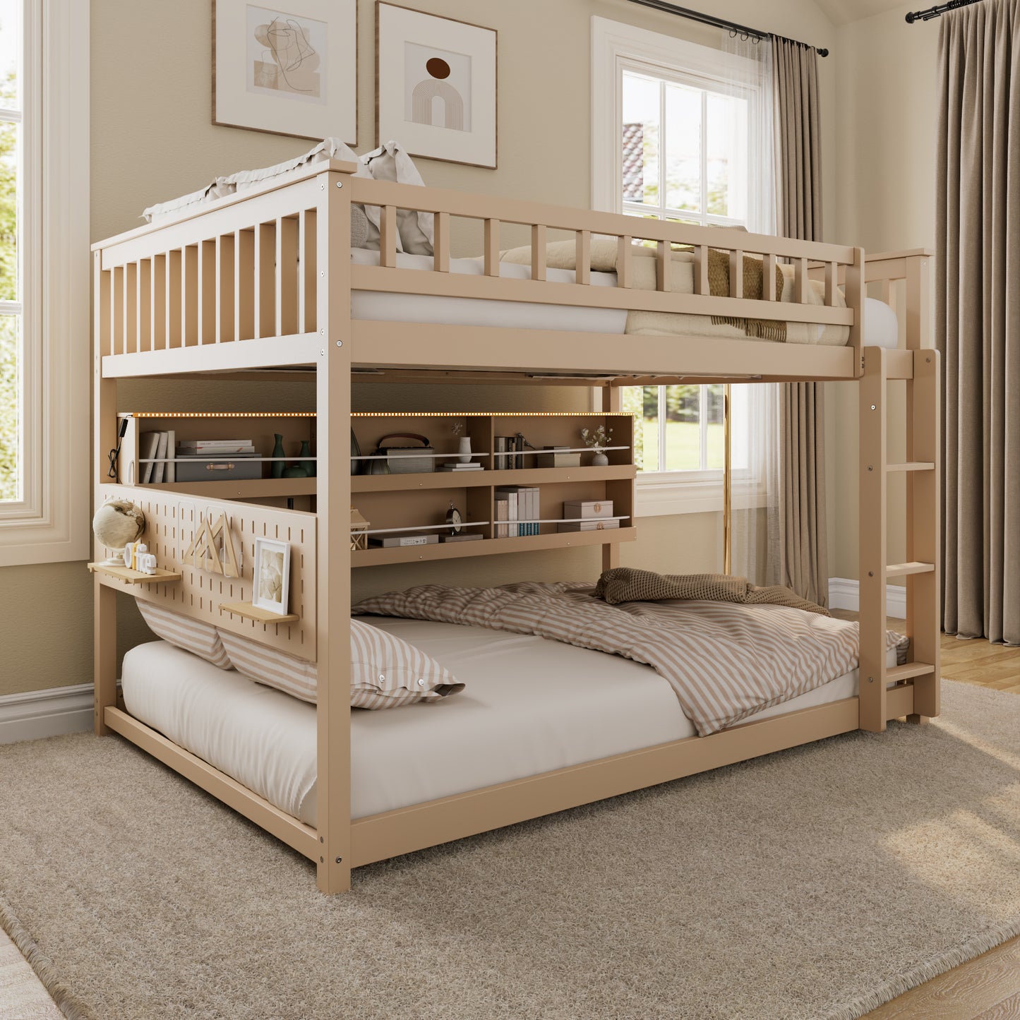 Full over Full Bunk Bed with Integrated Shelving, Color-Changing Lights and Pegboard, Beige image 12