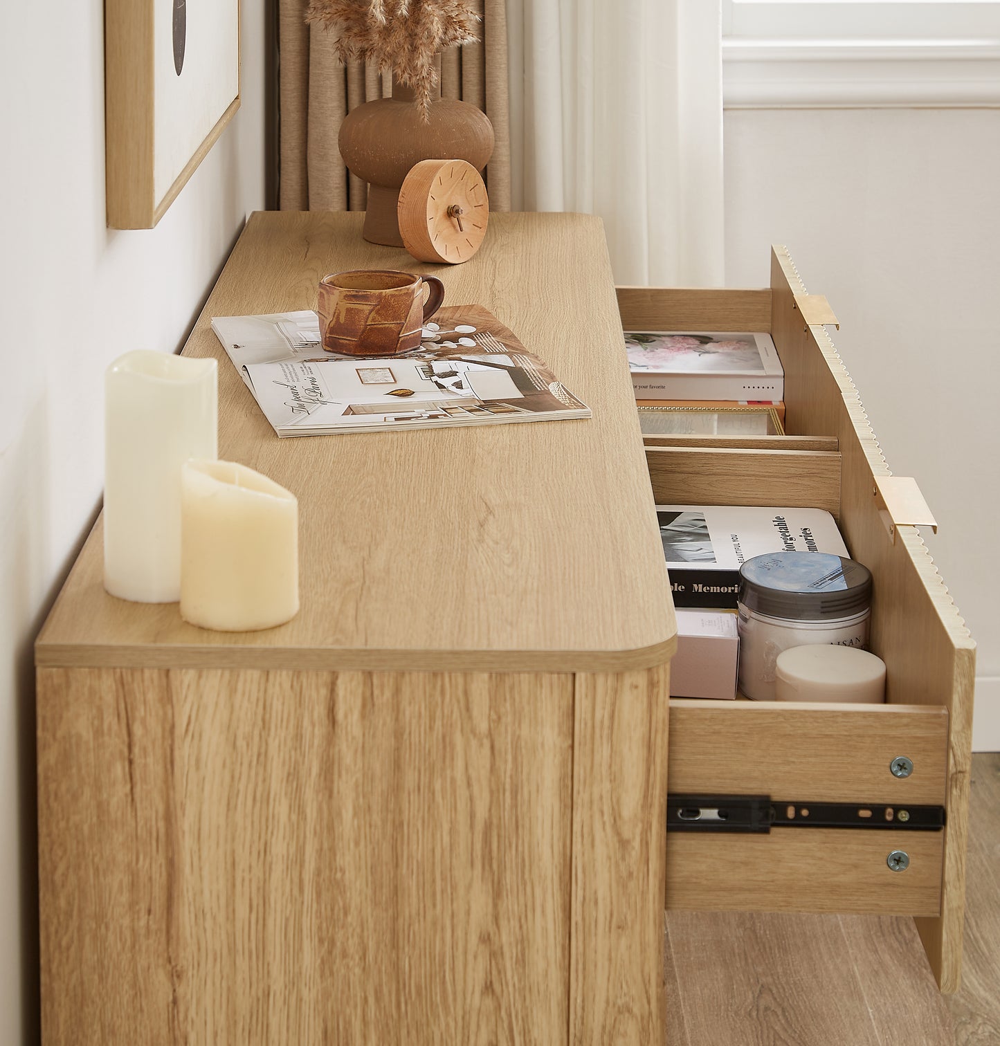 6 Drawers Dresser,55" Wide Modern Chest of Drawers Curved wave Design, Dresser TV Stand, Wood Drawer Organizer for Bedroom, Living Room, Hallway, Walnut,55.12''W x 15.75''D x 31.5''H. image 12
