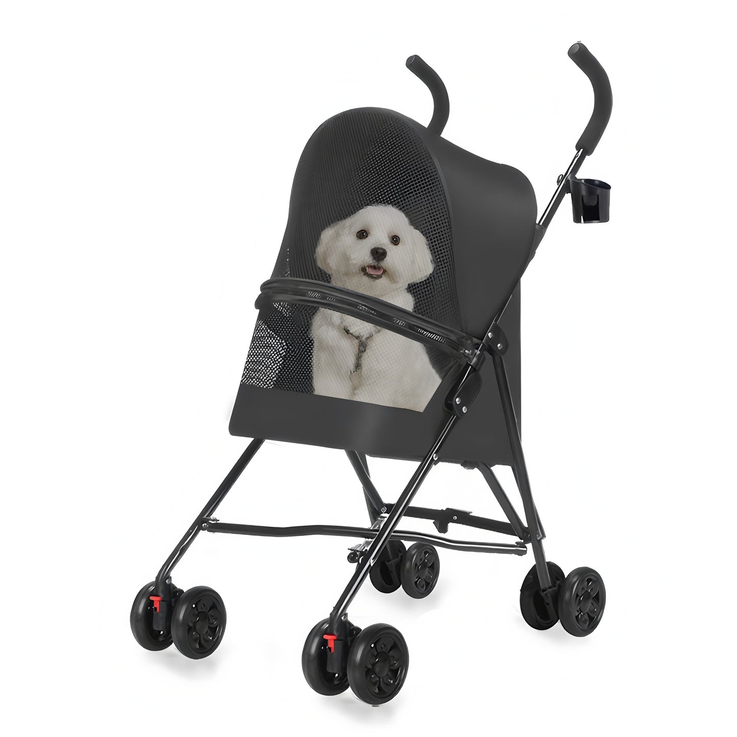 Pet Stroller for Small Dogs Cats with Mesh Ventilation, Lightweight Foldable Design, Cup Holder, Black image 9