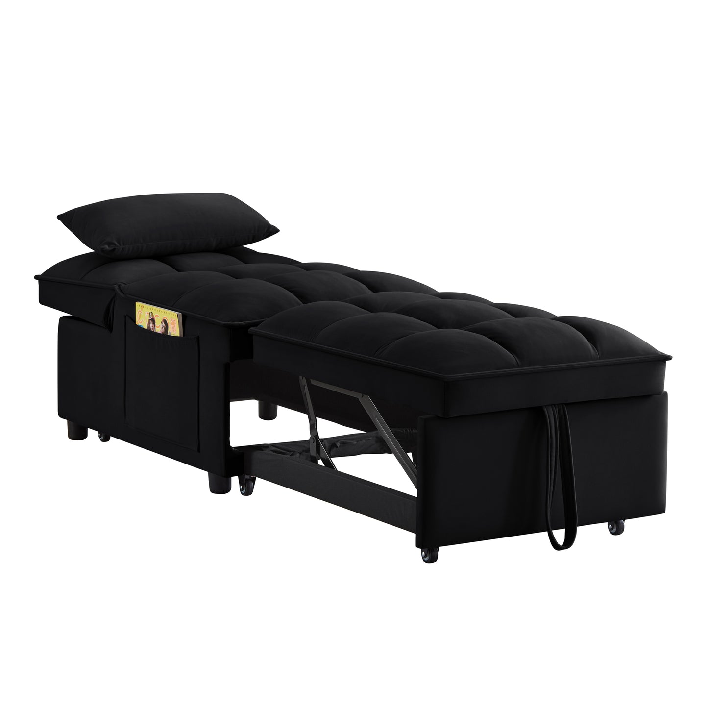4 in1 Multi-Function Single Sofa Bed with Storage Pockets,Tufted Single Pull-out Sofa Bed with Adjustable Backrest and Pillows,Convertible Chaise Lounge,Black image 12