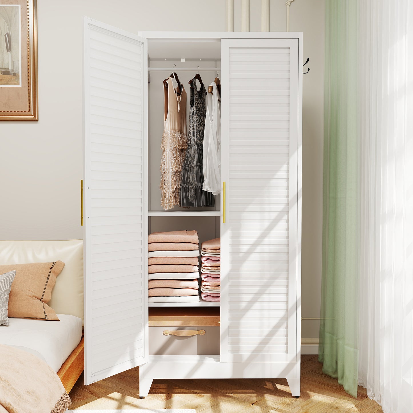 White Metal Wardrobe Closet with 2 Doors, 71″ Tall Portable Storage Cabinet for Bedroom, Lightweight Closet for Small Apartments, Dorm, Renters, Cold Rolled Steel, Easy Assembly image 12