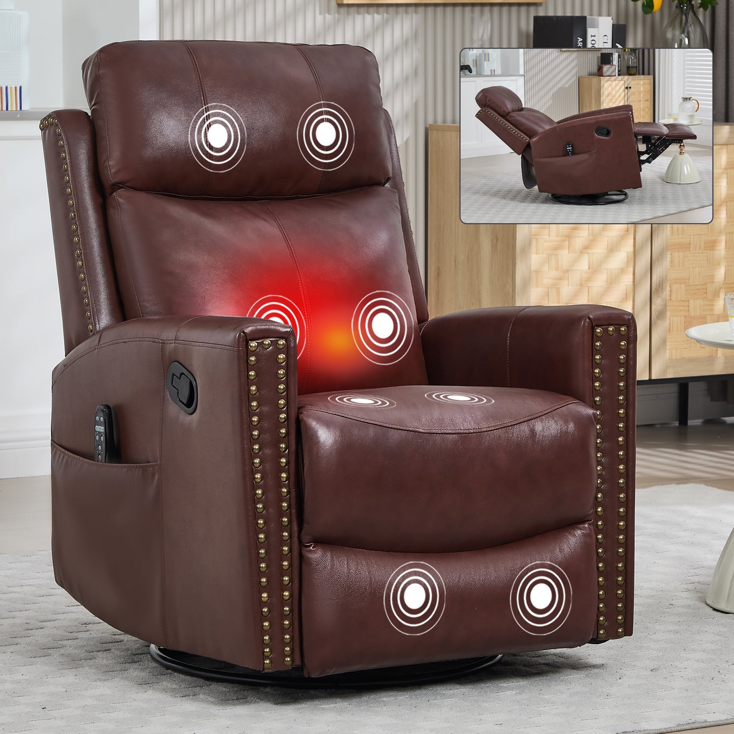 Wine Red Genuine Leather Heat Massage Manual Recliner Chair with Rocker and Swivel for Living Room image 12