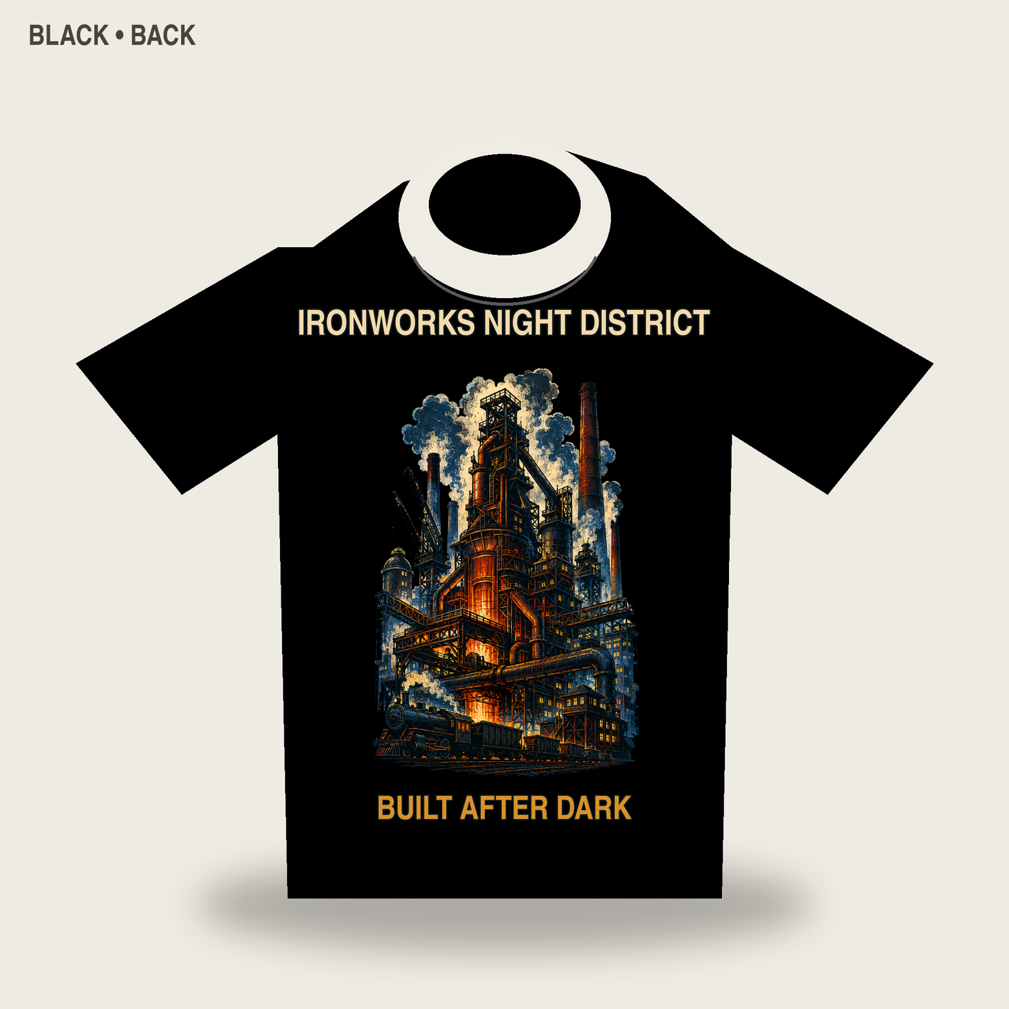 Ironworks Night District Vintage Industrial City Graphic T-Shirt - POD-20260728-045_black_back_mockup