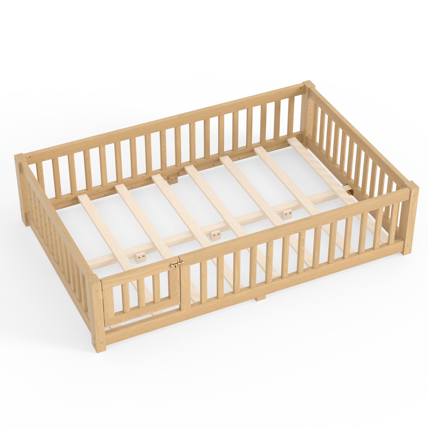 Full Size Bed Floor Bed with Safety Guardrails and Door for Kids, Natural image 12