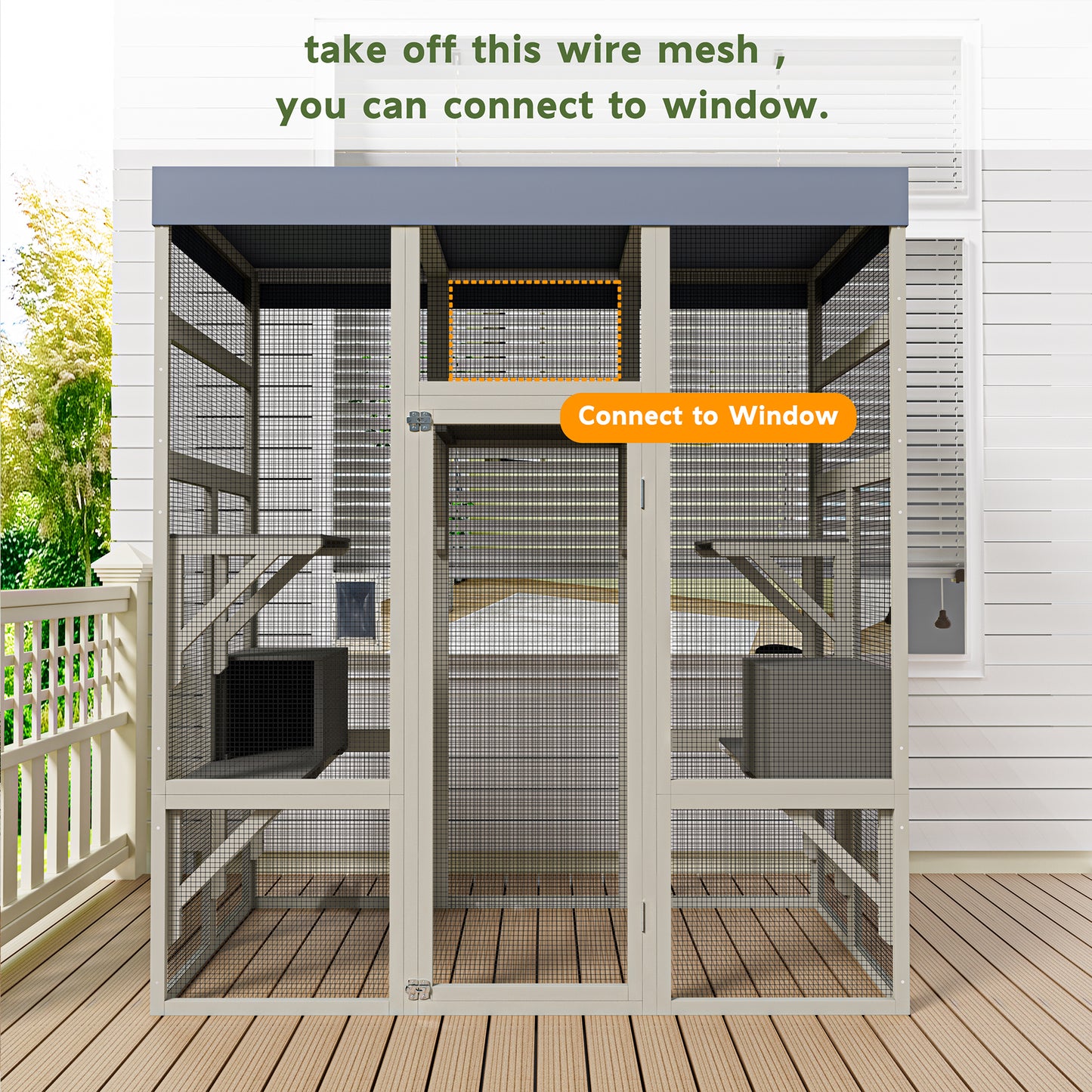 62.6" Wooden Catio for Cats, Large Cat Enclosure with Waterproof cover, 2 Napping House, Platforms & Galvanized Metal Wire – Secure Pet Cage Shelter image 11