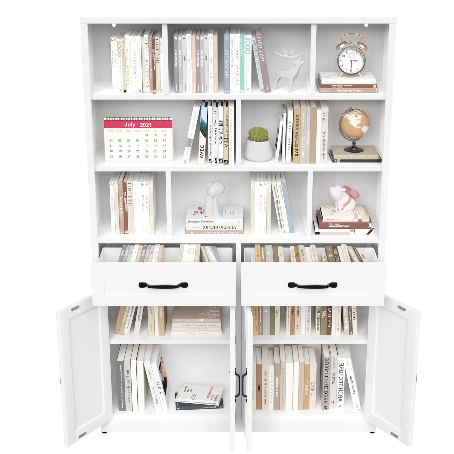 71" H Metal Bookcase with 2 Doors & 2 Drawers, Tall Storage Cabinet with Fixed Open Shelves for Home Office, Living Room, Modern Bookshelf, White image 12