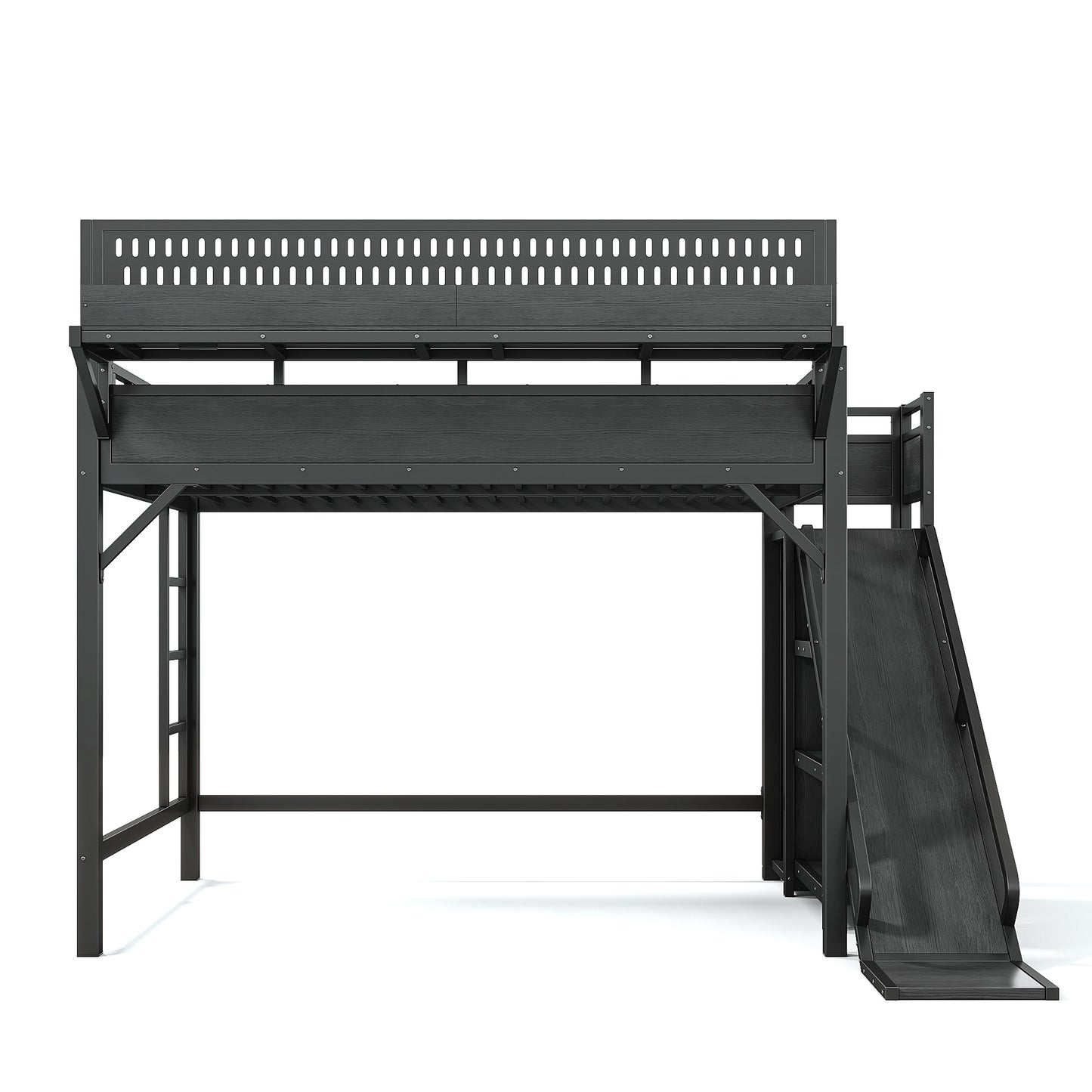 Queen Size Loft Bed with Slide, Storage Shelves and Built-in Wardrobe, Metal Loft Bed Frame with USB Ports and LED Lights, with Pegboard, Safety and Solid, Black image 12