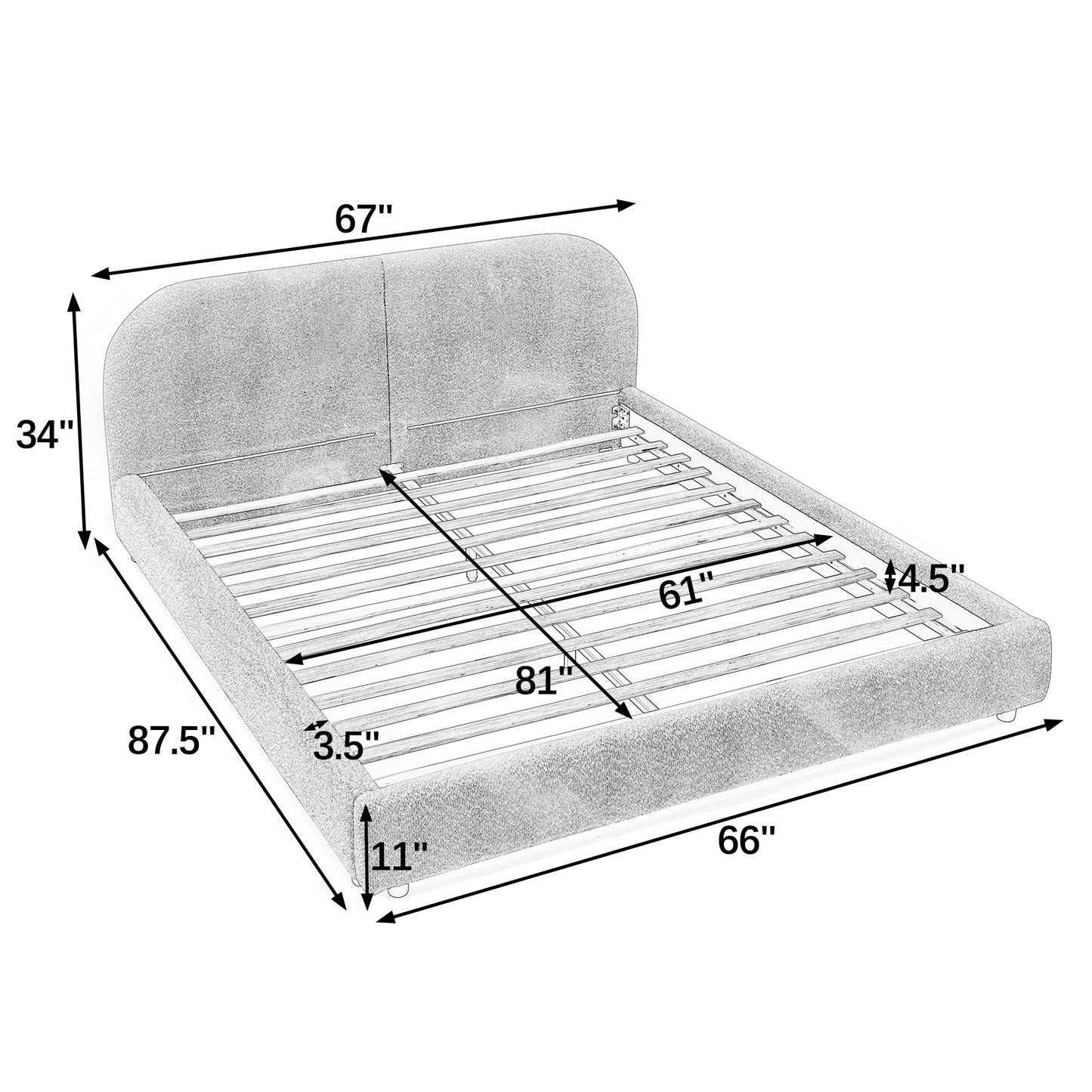 Queen Size Upholstered Bed Frame, Modern Minimalist Style with Tall Curved Headboard, Premium Circle Yarn Fabric & Sturdy Leg Support, Mattress Not Included-Beige image 10