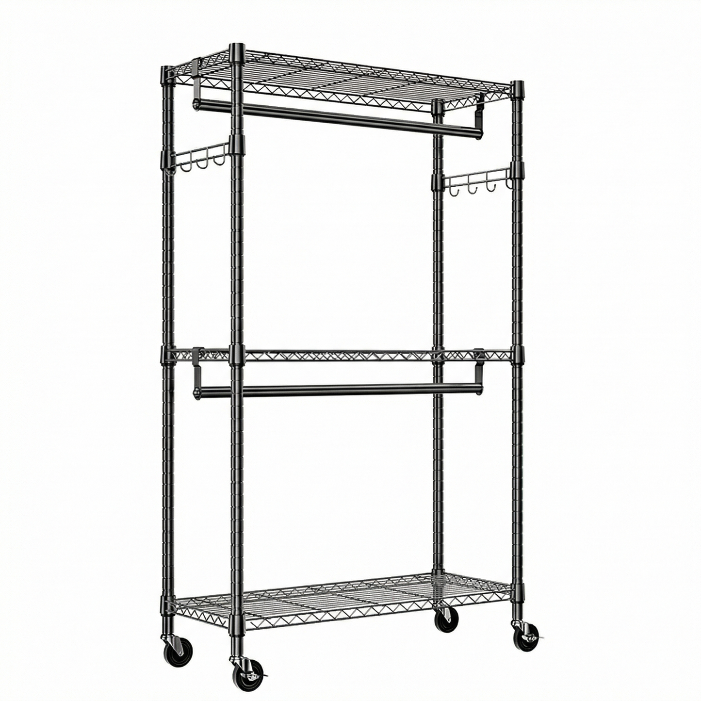 Heavy Duty Rolling Garment Rack 3 Tiers Adjustable Wire Shelving Clothes Rack with 2 Rods and Side Hooks,Storage Closet Clothing Rack with Wheels Black 15.7" D x 29.5" W x 74.5" H image 8