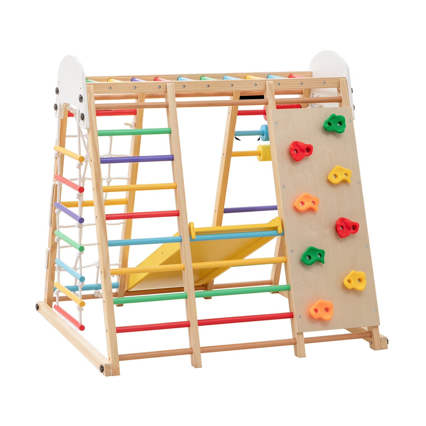 9-in-1 Foldable Kids Climbing Frame & Slide, Wooden Toddler Playground with Swing, Monkey Bars, Climbing Rock, Abacus Game – Indoor Outdoor Playset for Ages 3+, Natural Wood, 176LBS Capacity image 12