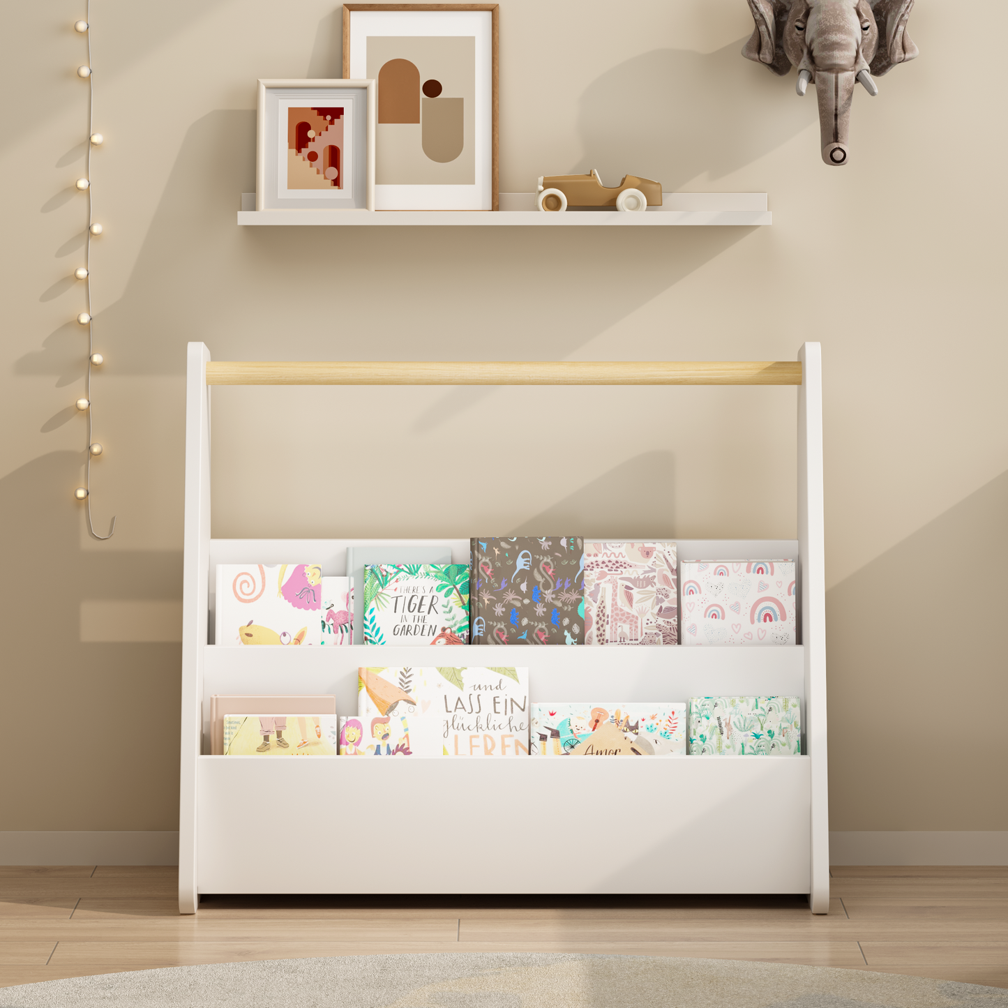 Kids Bookshelf with Wooden Handle, 2-Tier Front-Facing Toddler Bookcase, Portable Children's Book Storage Organizer for Bedroom, Playroom, Nursery, or Classroom, White image 12