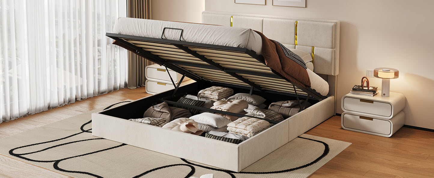 Queen Size Upholstered Platform Bed with Hydraulic Storage System,No Box Spring Needed,Beige(Old SKU: N733P207778A) image 11