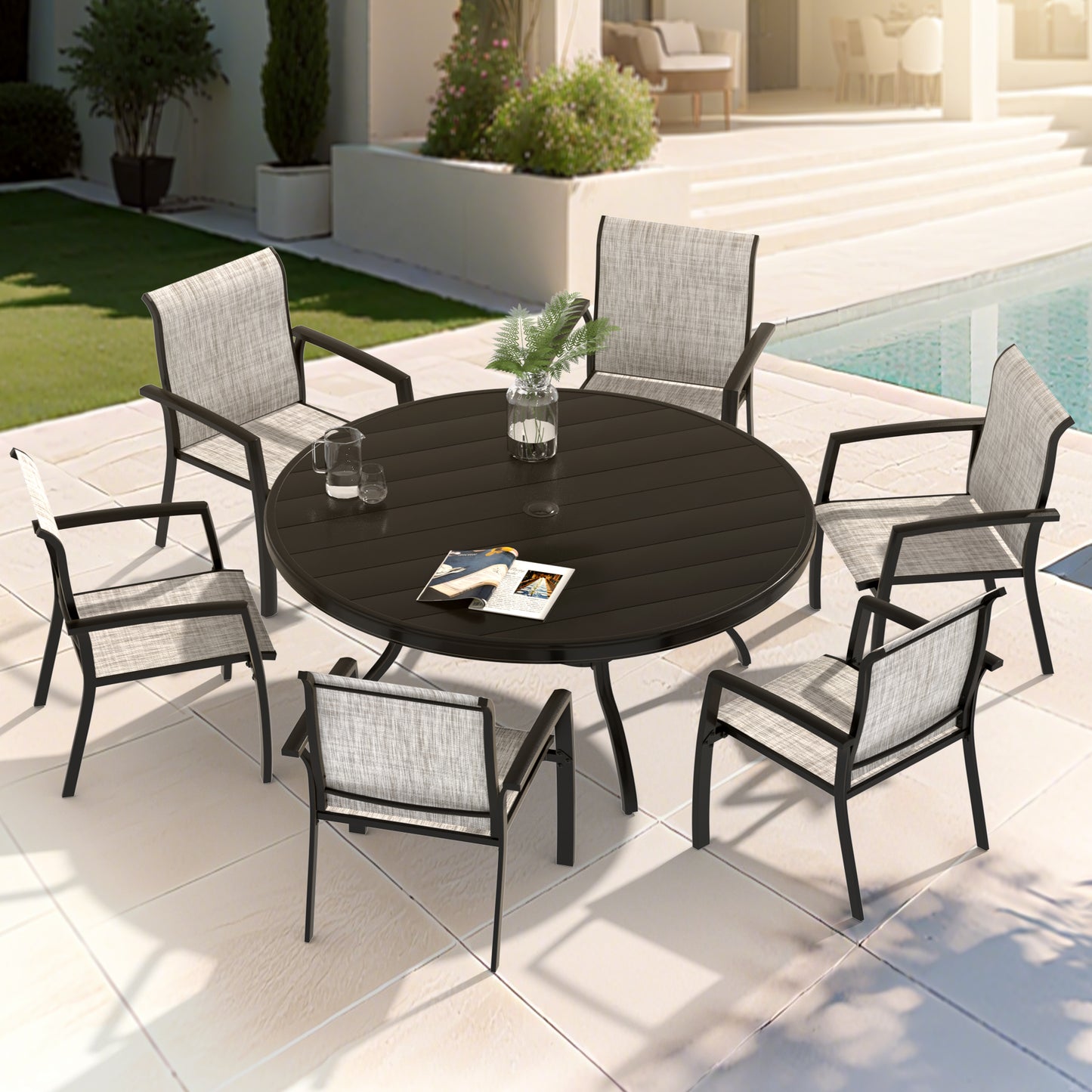 Outdoor Round Patio Dining Table for 6-7, All Weather Metal Dining Table with Umbrella Hole for Deck Lawn Garden Backyard, Black Color image 10