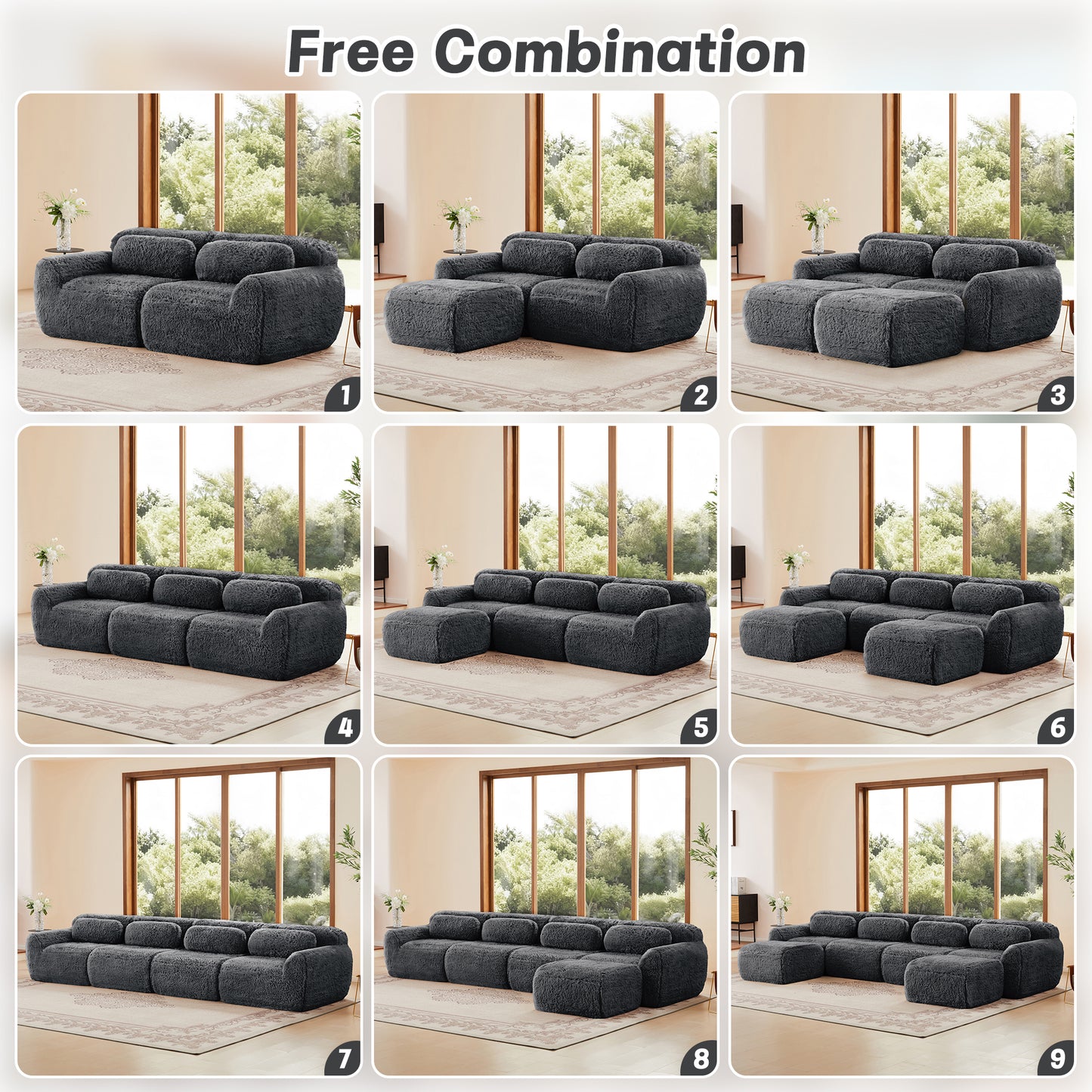 L-shaped Soft And Fluffy Plush Fabric,Boneless Sofa,With Throw Pillows 32D High Density Sponge,No Assembly Required Bottom,Anti-Slip Design Buckle Connection,Movable Ottoman For Living Room,Dark Grey image 12