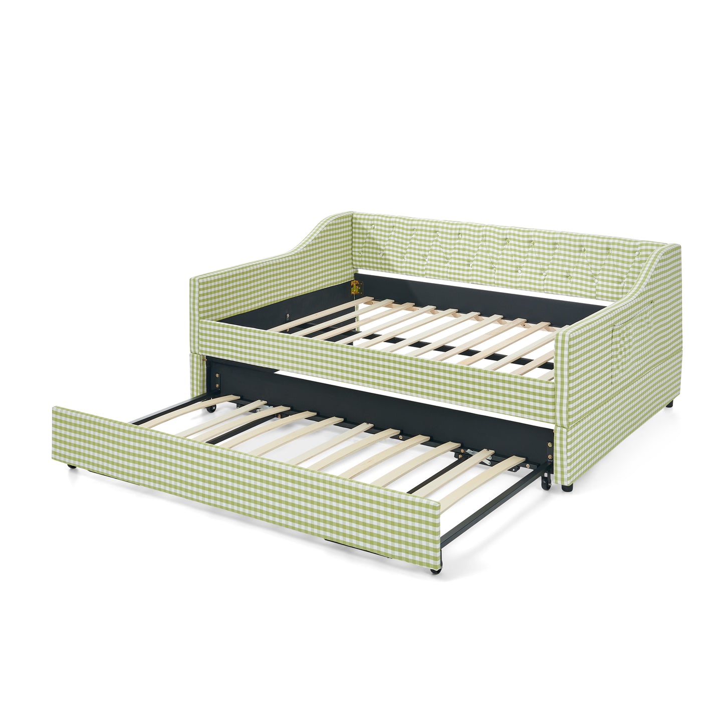 Full‑Size Daybed,Upholstered Convertible Daybed with Tufted Button Backrest, 3‑in‑1 Versatile Sofa Bed with Pull‑Out Trundle & Side Storage, Perfect for Compact Living-Green image 12