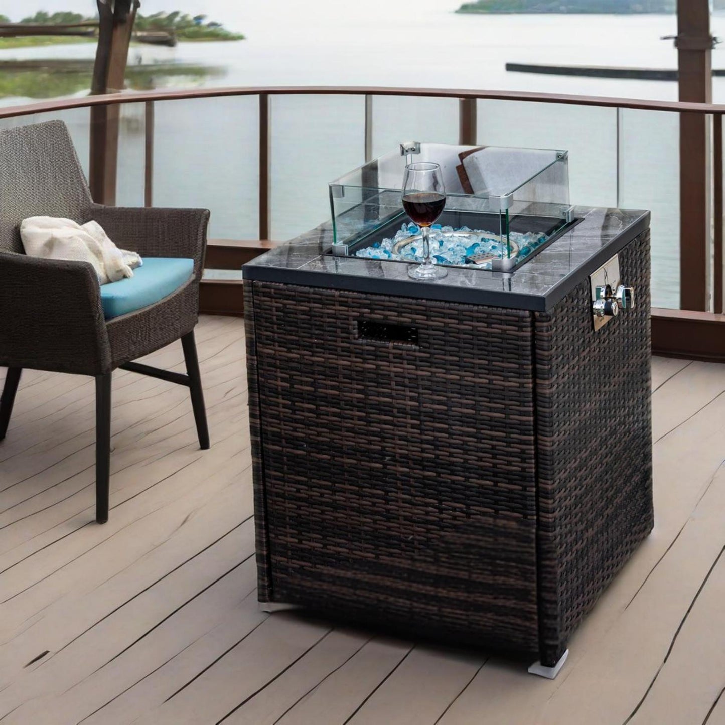 24" Propane Gas Fire Pit Table, 50000 BTU Square Fire Pit, Tile Tabletop with Beautiful Wicker Base for Outside Patio Deck Garden Courtyard-Espresso image 12