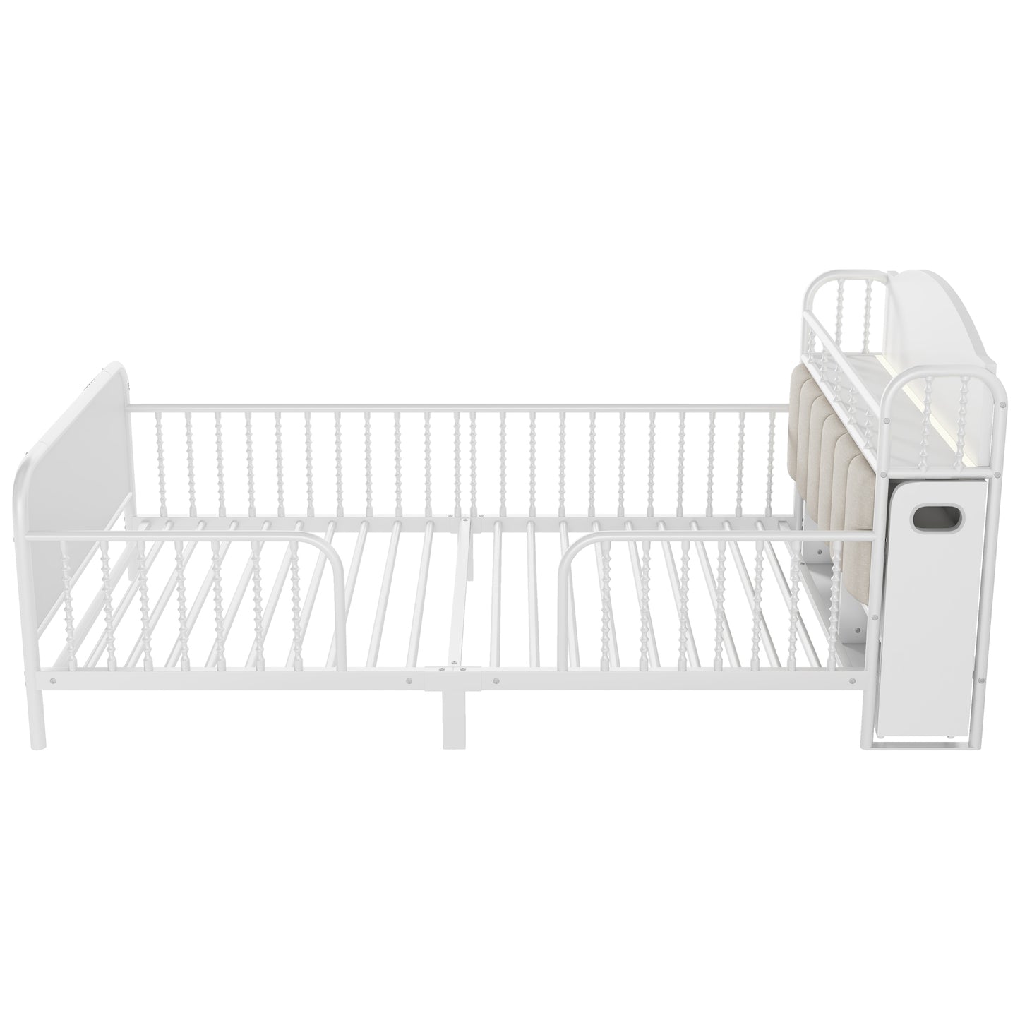 Twin Size Metal Platform Bed Frame with Light, Kids Twin Metal Bed with Upholstered and Pull Out Storage Shelves, White (Expect Arrival Date 2025/10/5) image 12