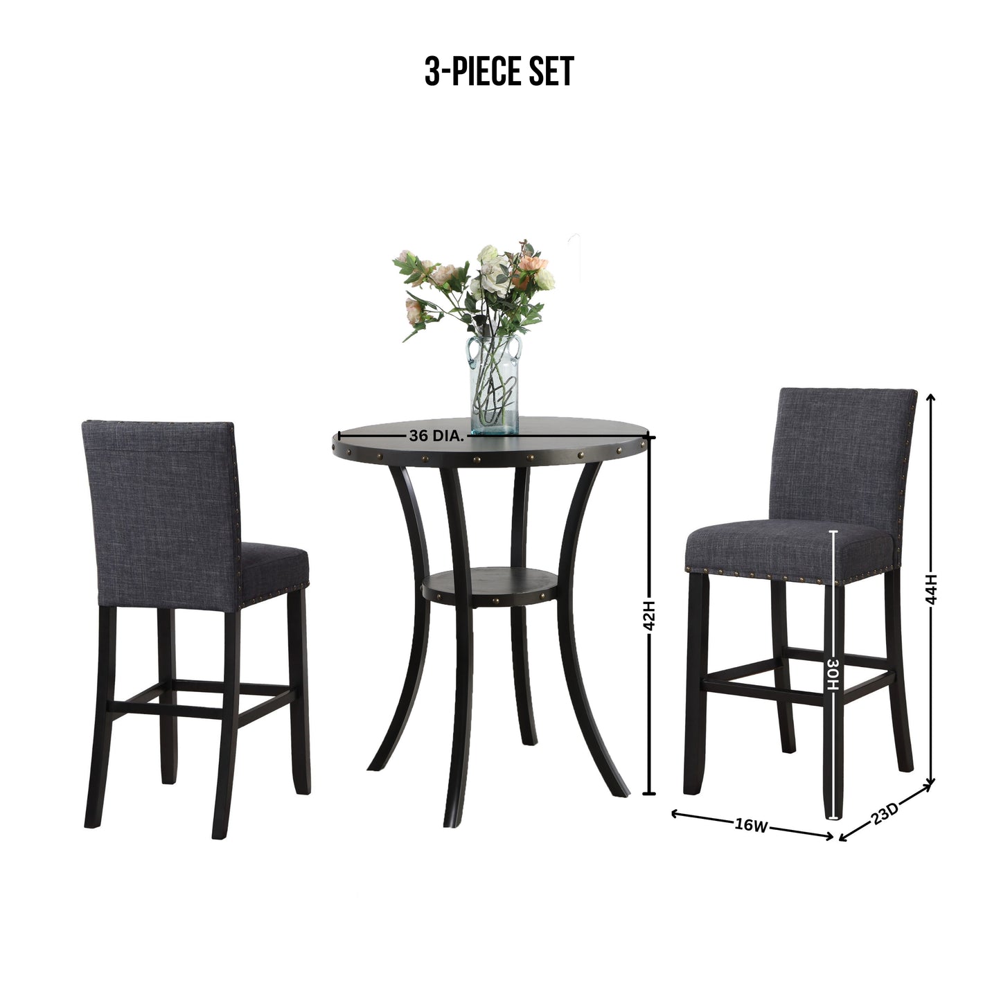 Biony 3-Piece 36" Round Espresso Finish Bar Table with 2 Gray Fabric Nail Head Pub Chairs image 11