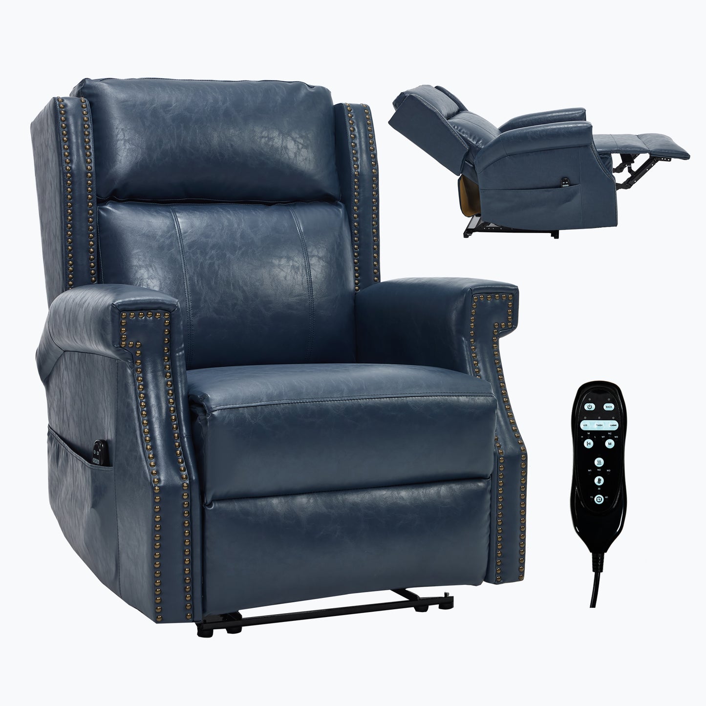 Blue Manual Recliner Chair in Faux Leather for Living Room with Heavy Duty Motion Mechanism, 8 vibrating nodes and 3 massage modes. image 12