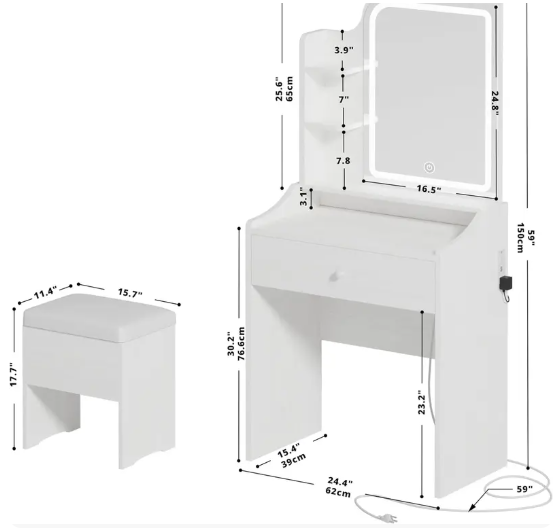 White vanity set includes smart LED mirror, women's bedroom makeup table with storage; suitable for bedrooms, living rooms, dormitories, etc. image 10