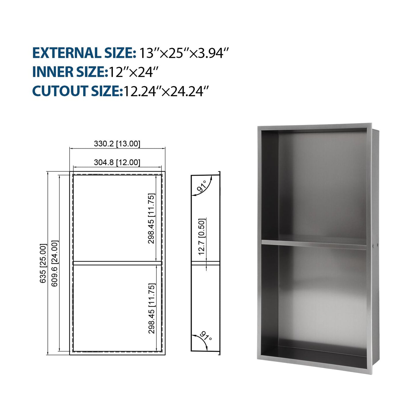 13" x 25" Stainless Steel Shower Niche Double Shelf, Gunmetal Black image 9