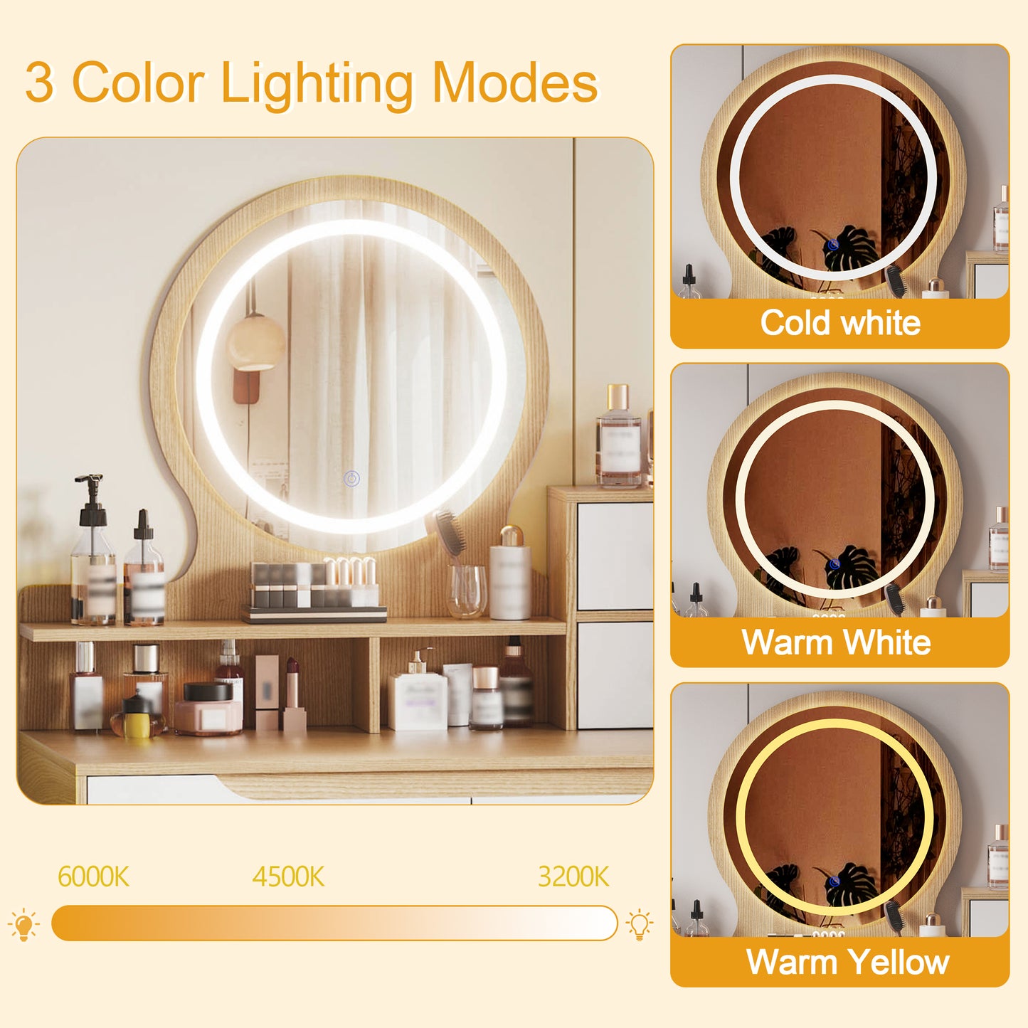 Makeup Vanity Desk with 3 Adjustable Lighted Mirror with solid wood table feet, Dressing Table Set with 4 drawers and 3 open shelves for Small space Bedroom image 11