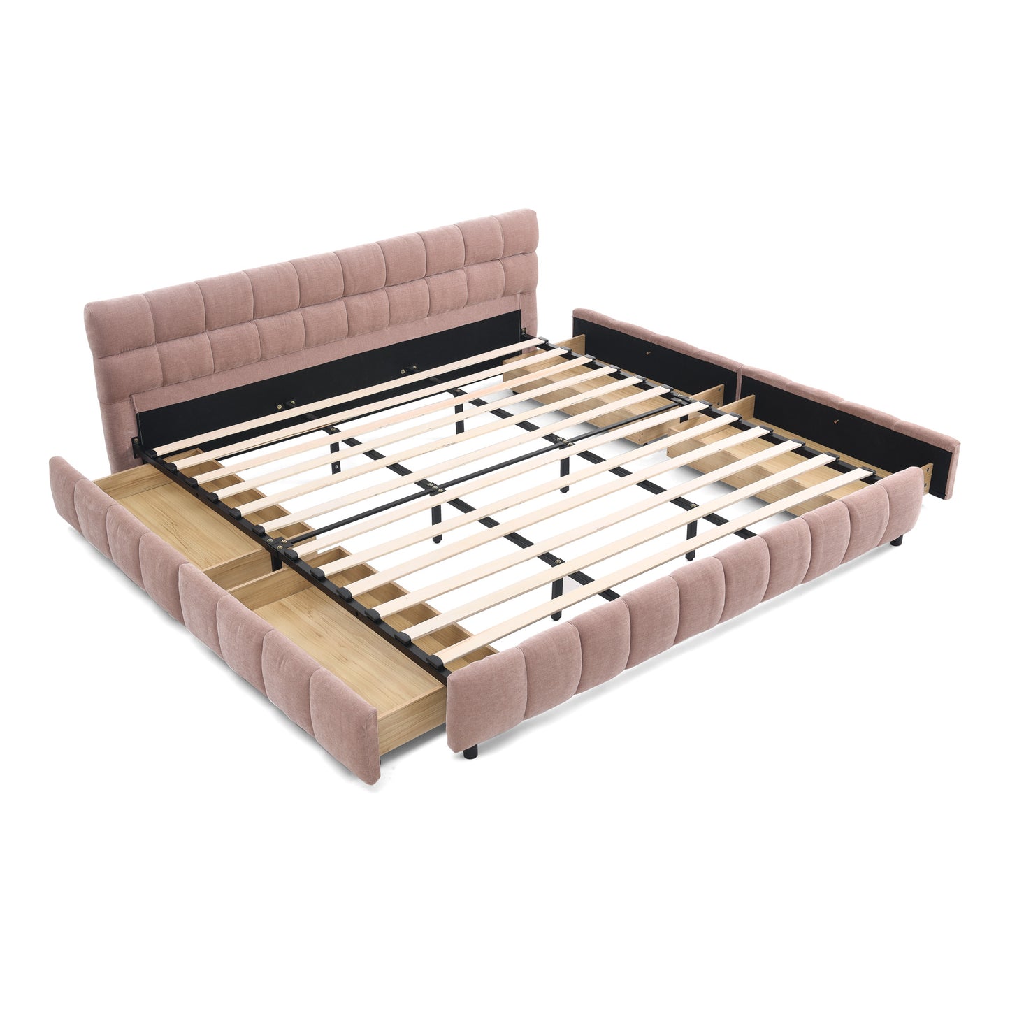 California King size Upholstered Bed,comfortable upholstered bed frame, Chenille fabric, with headboard and solid bed frame. With drawer for storage.-Pink(90.5''*80.5''*31'') image 12