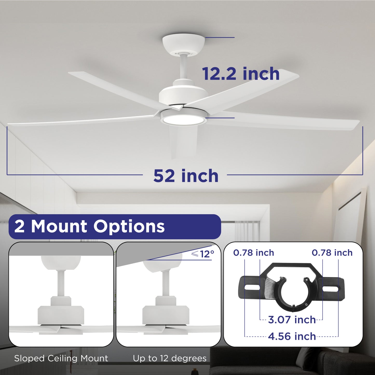 52 inch Ceiling Fans with Lights, Large Air Volume Ceiling Fans with Reversible Quiet DC Motor and Remote, 5D-W5, 5X-W5 image 4