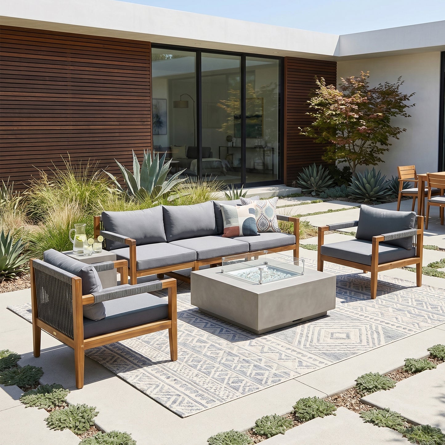 3 Pieces Outdoor Sectional Sofa Set, Rope Woven Patio Conversation Set with Solid Acacia Wood Frame, Water-Resistant Removable Cushions for Backyard, Deck and Poolside, Grey image 12