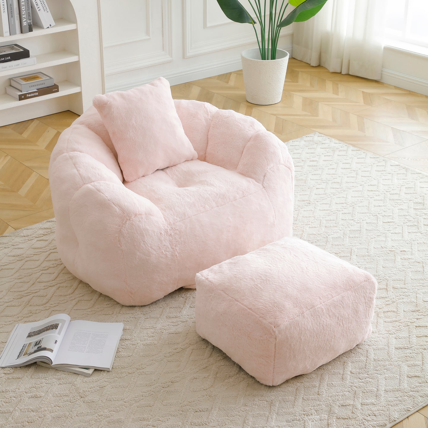 Giant Bean Bag Chair withFootstool, Oversized Bean Bag for Adults and Kids, Faux Fur Shell-Shaped Large Chair with Filler, Stuffed Big Accent Sofa, Floor Sofa for Gaming,Reading Living Room Bedroom image 2