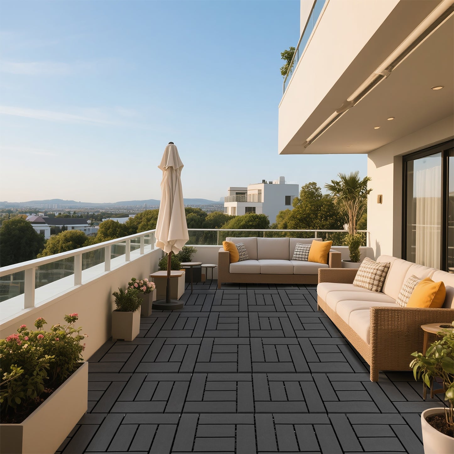 12-inch ZZ style interlocking deck tiles, DIY modular interlocking decking floor tiles, indoor and outdoor floor tiles, courtyard floor tiles that easy to install quickly,44 pieces dark gray image 9