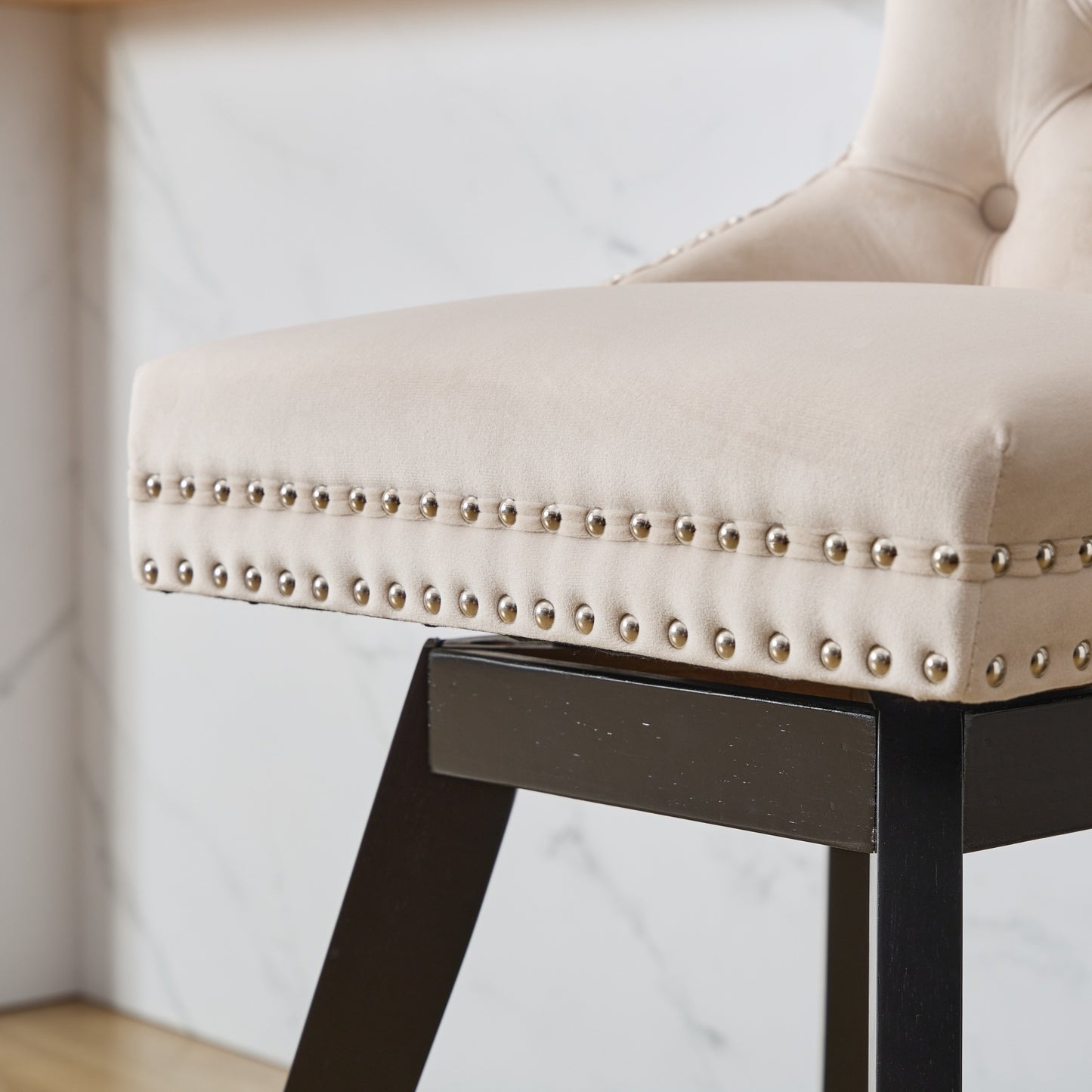 Swivel Velvet Barstools with Button Tufted Decoration and Wooden Legs, and Chrome Nailhead Trim, Leisure Style Bar Chairs,Bar stools, Set of 2 (Beige),SW1860BG image 12