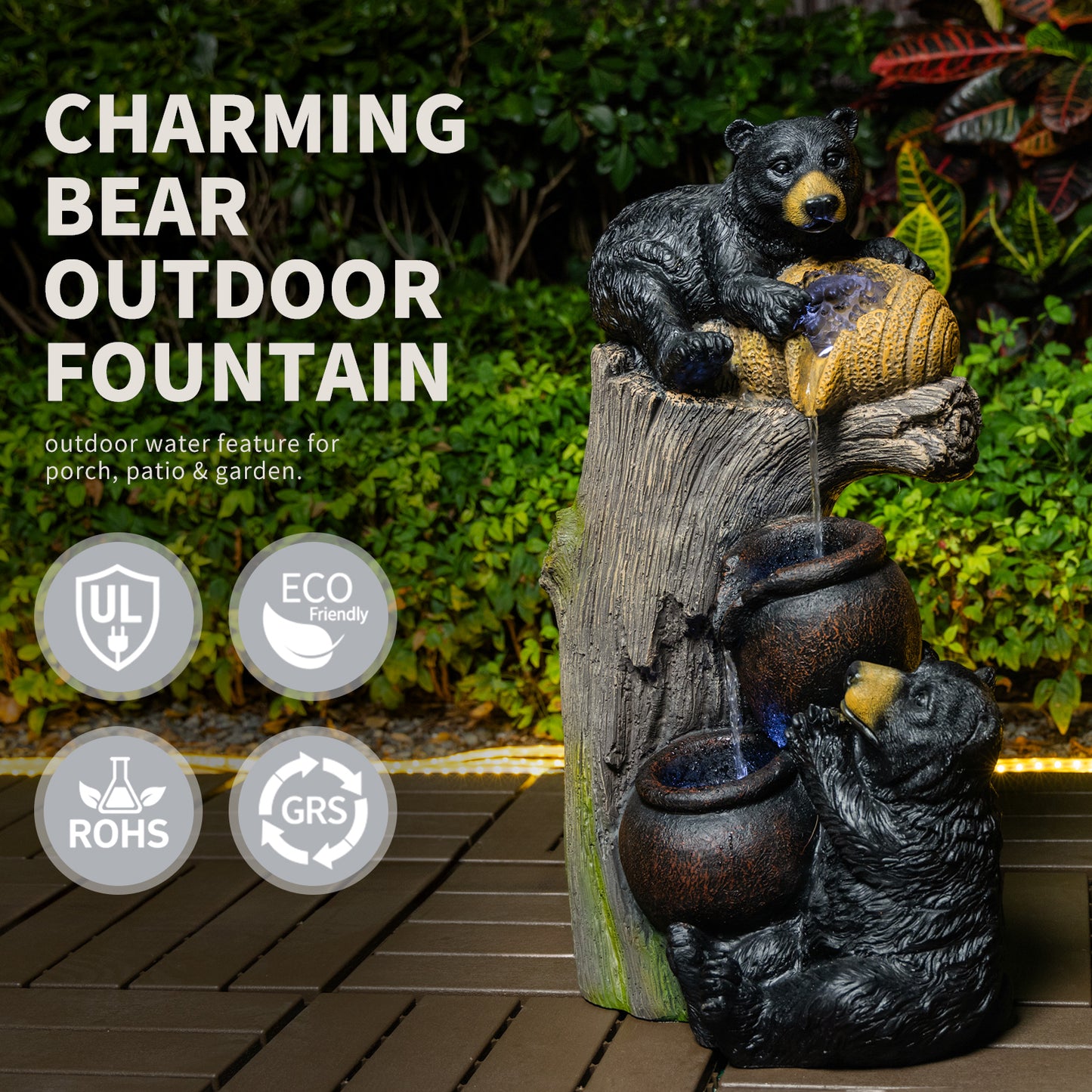 Bear Outdoor Water Fountain with LED Lights Cascading Fountains Outdoor for Patio Yard Balcony 23.62'' Garden Fountains Outdoor and Outdoor Water Fountain Decor image 11