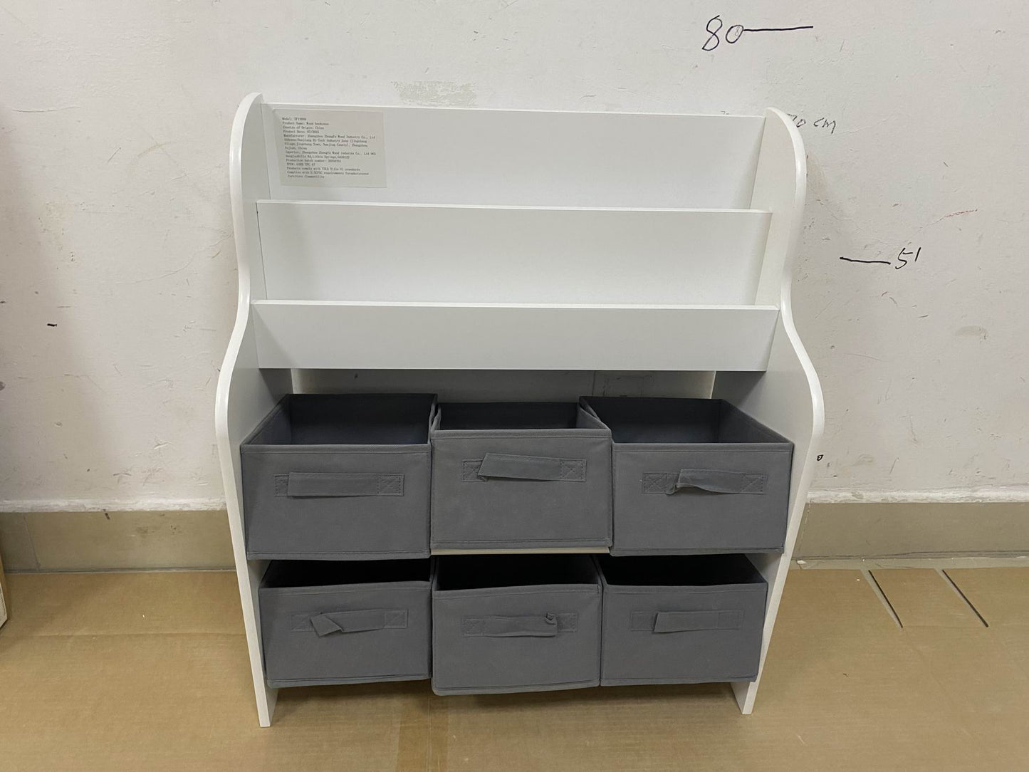 Kids Bookshelf with 6 Fabric Storage Bins, Multi-Functional Children's Bookcase and Toy Organizer, Front-Facing Display Shelf for Playroom, Bedroom or Nursery - White & Gray image 12
