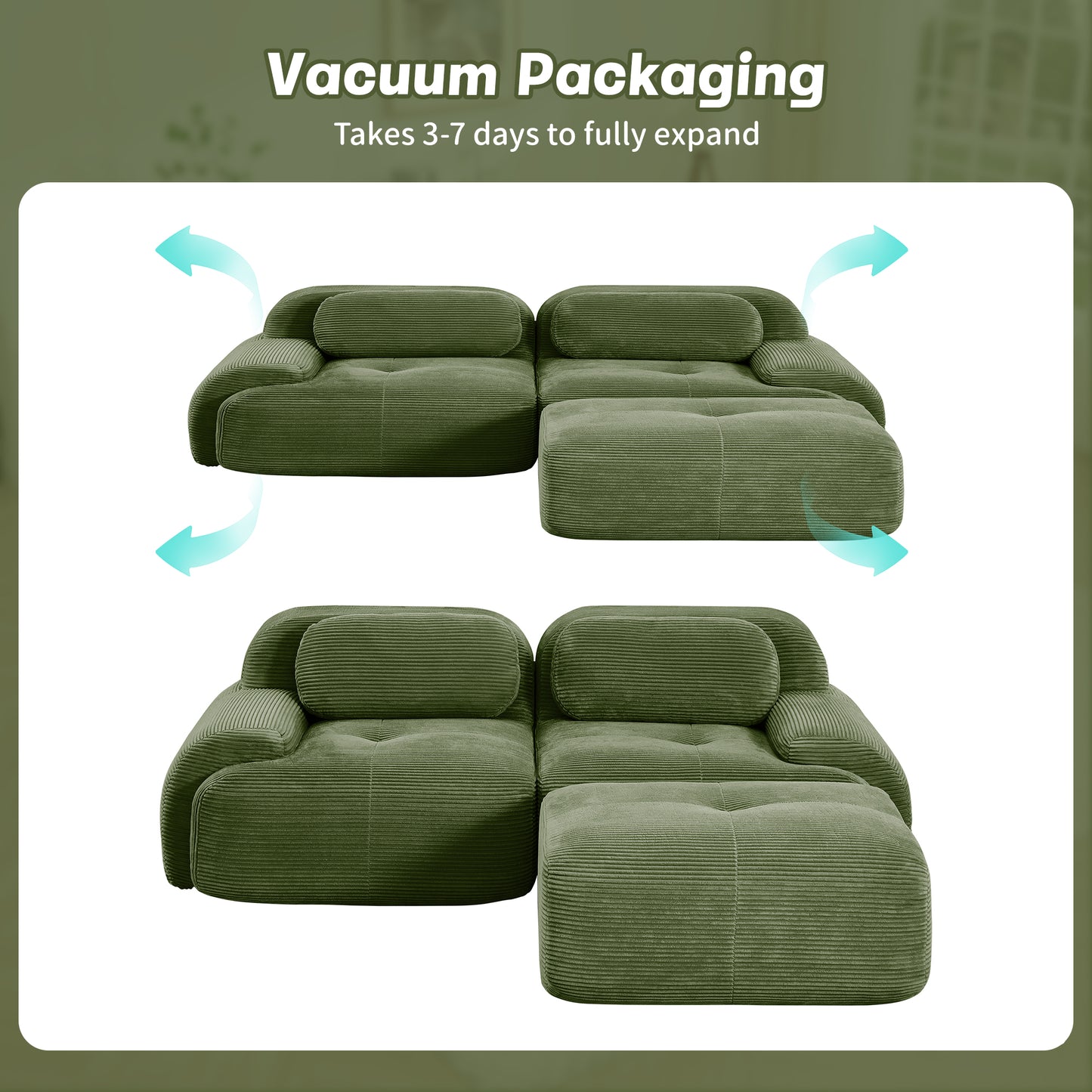 82'' L-shaped sofa in softCorduroy Fabric fabric modular design multiple combinations curved armrests assembly required high-resilience sponge suitable for living rooms rest areas bedroom,Olive green image 12