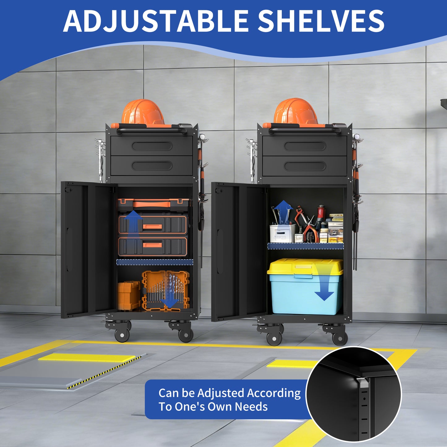 34.3" Narrow Rolling Tool Cabinet - Space-Saving Garage Storage with Lockable Door, 2 Drawers and Large Handle, Slim Metal Organizer for Tight Spaces image 12