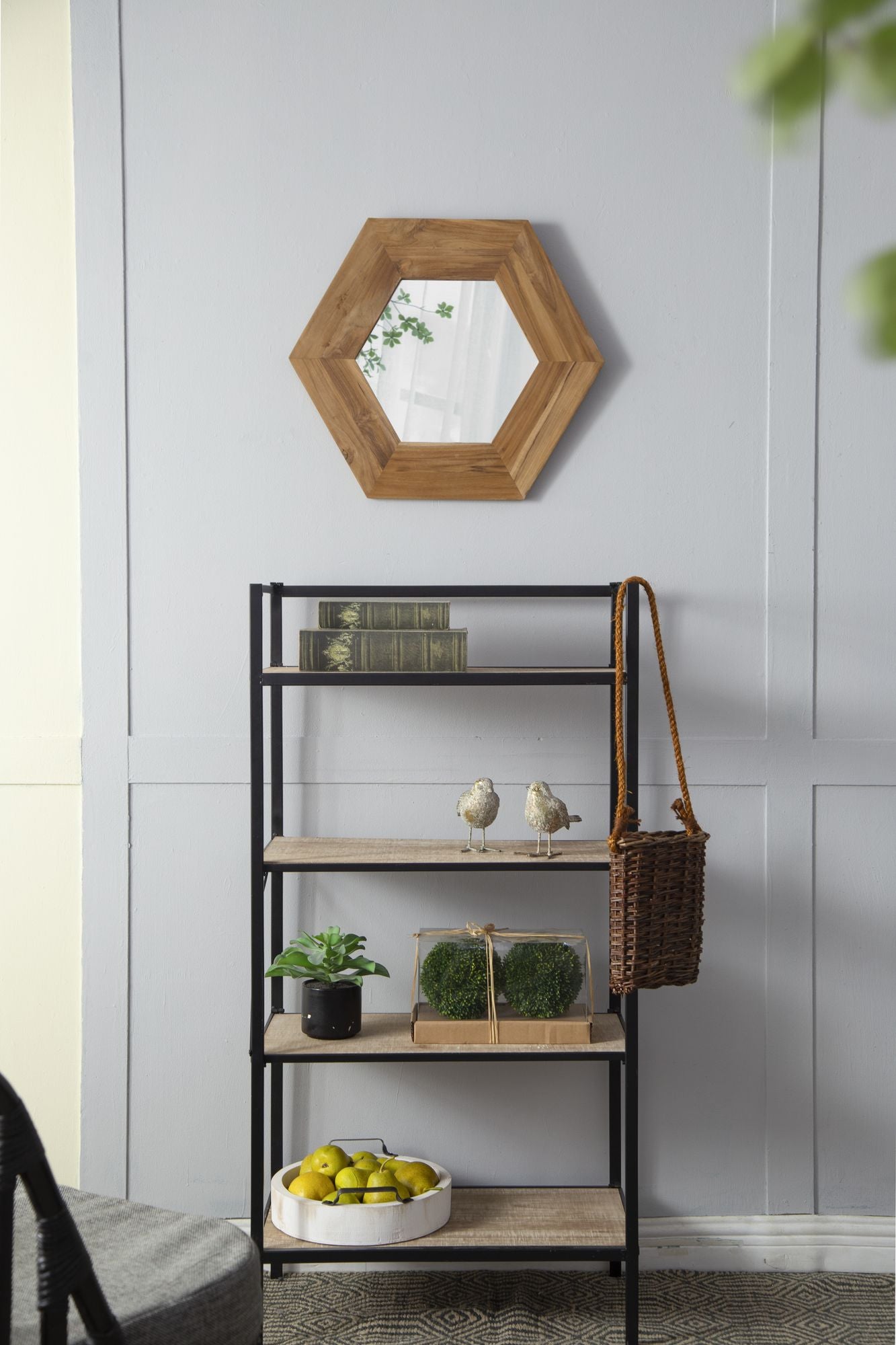 18.5" x 18.5" Hexagon Mirror with Natural Wood Frame, Wall Decor for Living Room Bathroom Hallway, image 9