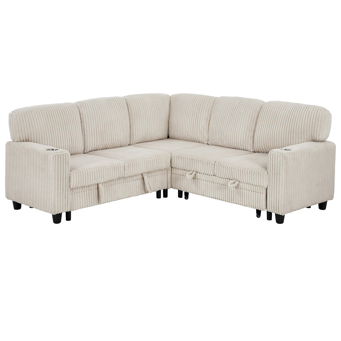 L-Shaped Sectional Sofa Bed with Pull-Out Bed & Storage, 5-Seat Sleeper Couch with USB Charging, Convertible Design for Living Room, Apartment, Corduroy Fabric, Beige image 12