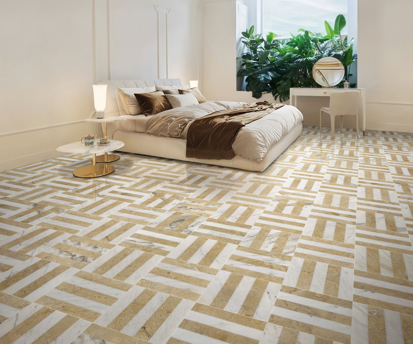 12x12 White Gold 2 color Waterjet polished marble tiles set, natural marble, for floor and wall, natural stone, genuine marble, real marble, 1 box each pattern 4 pcs image 12
