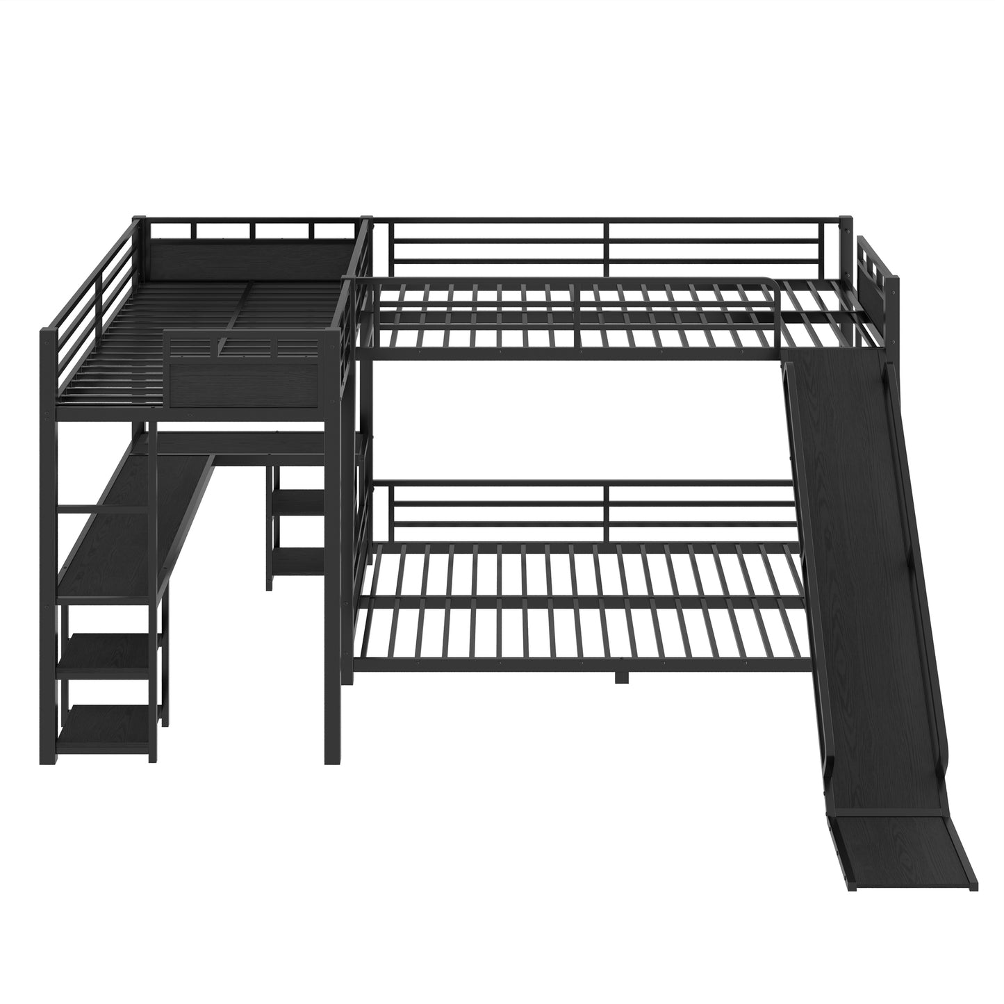 L-Shaped Metal Bunk Bed (Top bed:Full/FullXL, bottom bed: Queen) with Twin XL Loft Bed, Desk, and Storage Shelves,USB Charging Port Included - Metal Triple Bunk Bed with Slide,Black image 12