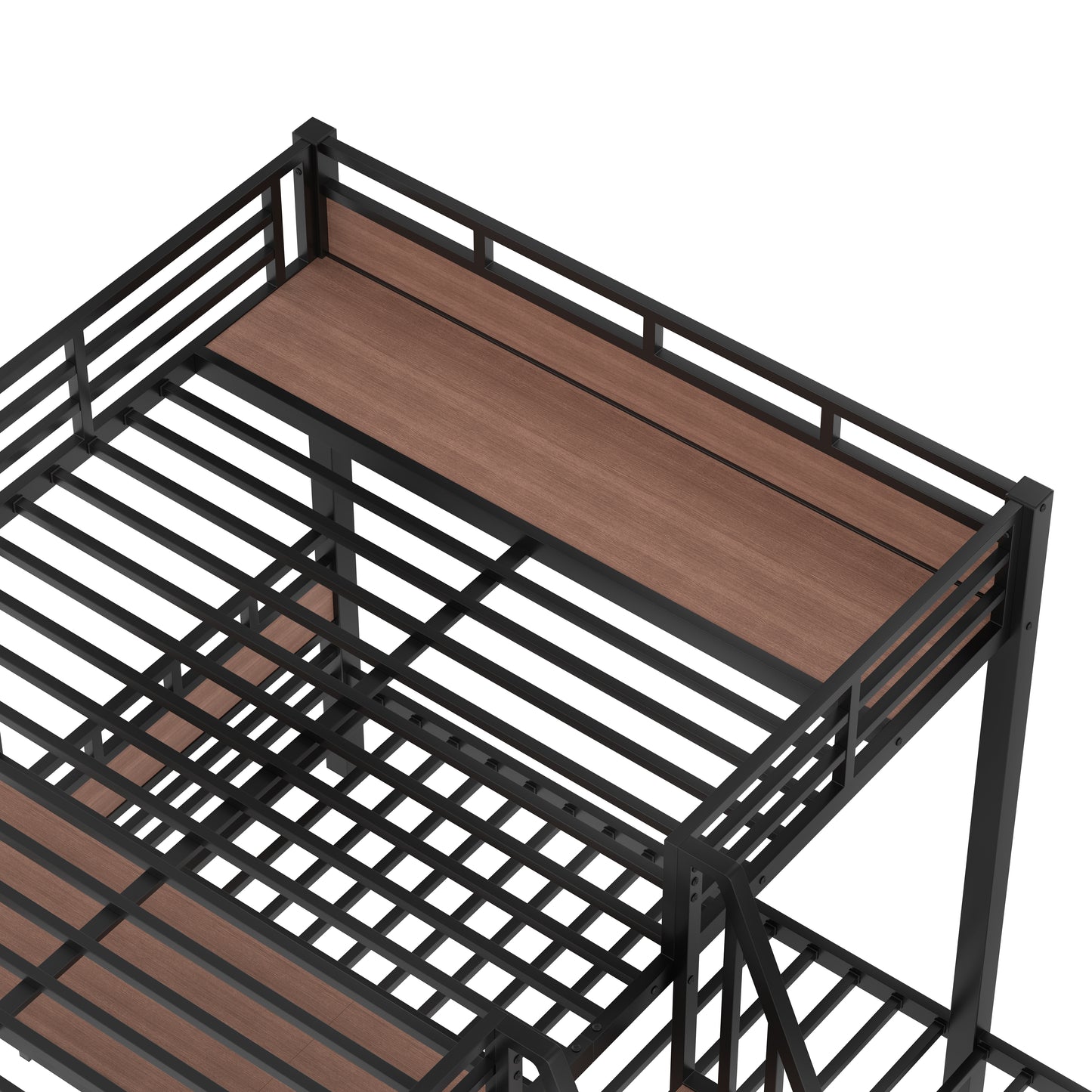 Queen over Twin over Twin Metal Bunk Bed,triple metal bunk bed with Storage shelves and storage stairs,Black image 12
