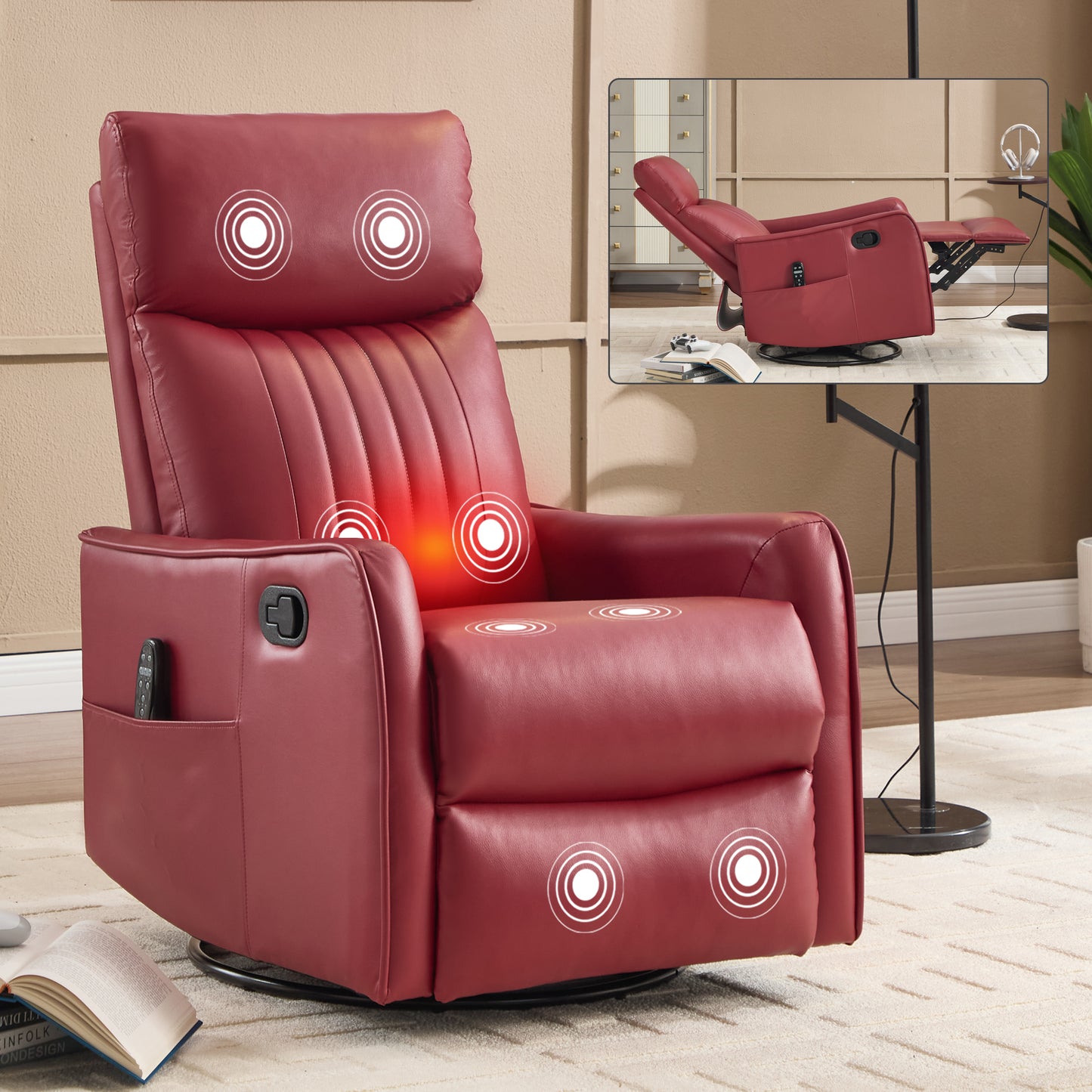 Red Faux Leather Heat Massage Manual Recliner Chair with Rocker and Swivel for Living Room image 12