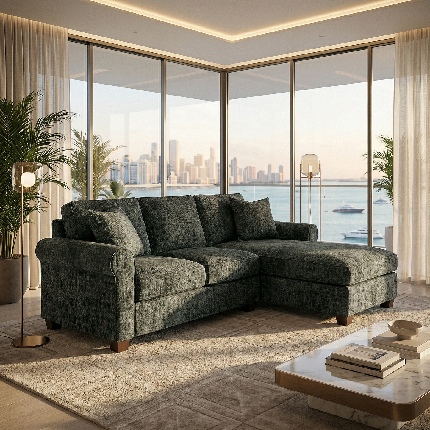 Irlanda Sectional – Made in USA, 5-Day Shipping, Custom Fabric Options, L-Shaped Sectional Wholesale Sectional Furniture - Green Velvet Antique Charcoal - Green image 12