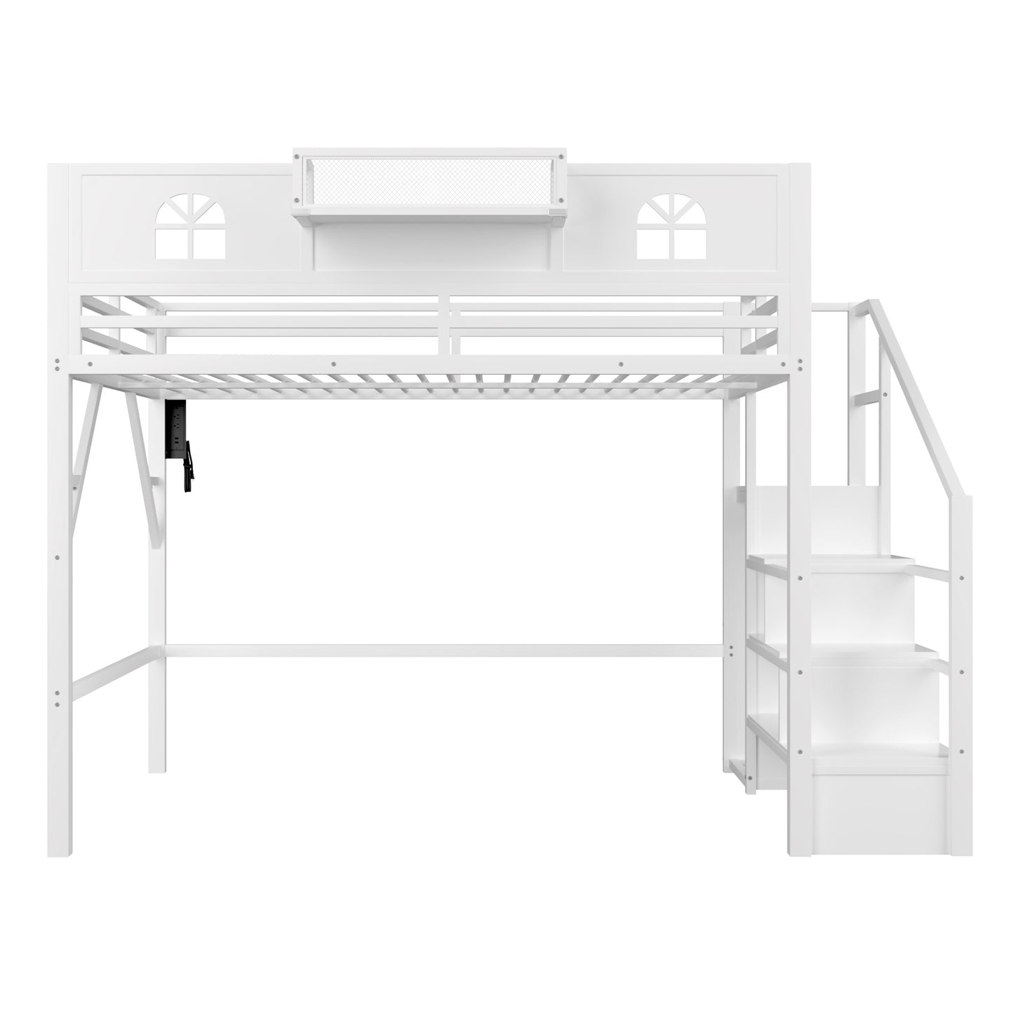 Queen Size Loft Bed with Stairs, Metal Queen Loft Bed with High and House Shaped Guardrails, High Loft Bed with Wardrobe for Kids Teens, White (Old SKU W2593S00038 Expect Arrival Date2026/3/7) image 12