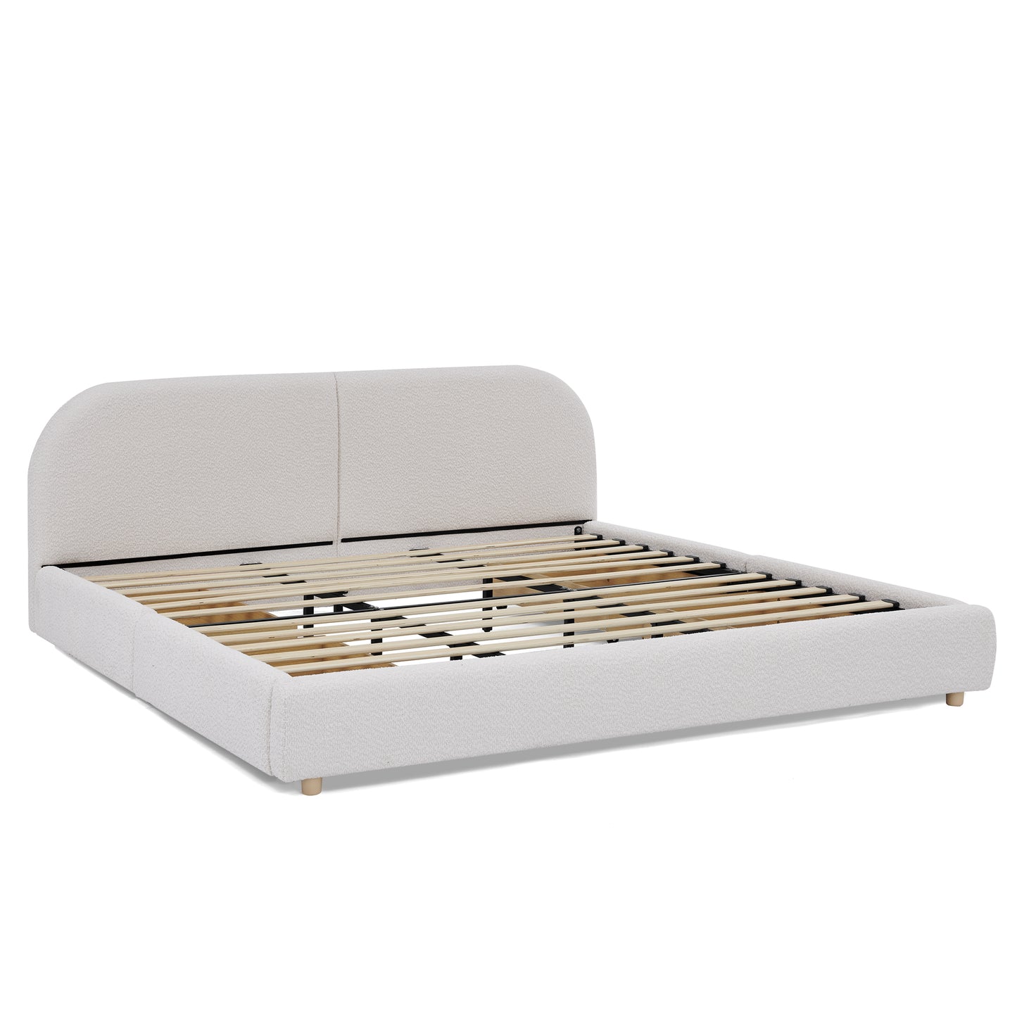 King Size Upholstered Bed Frame Modern Minimalist Style - Circle Yarn Fabric, Tall Curved Headboard, Sturdy Leg Support & Wheeled Drawer Storage, Mattress Not Included -Beige image 12