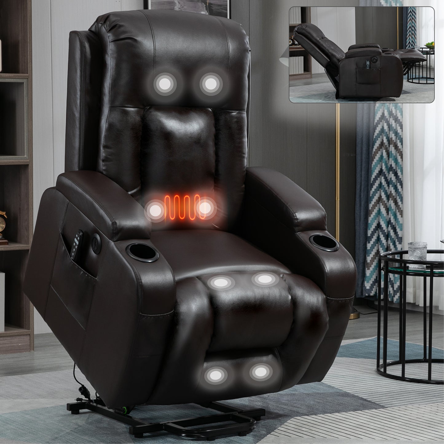 Infinite Position Up to 350 LBS Power Lift Recliner Chair for Elderly, Heavy Duty Motion Mechanism with 8-Point Vibration Massage and Lumbar Heating, USB Charging Port, Cup Holders, Brown image 12