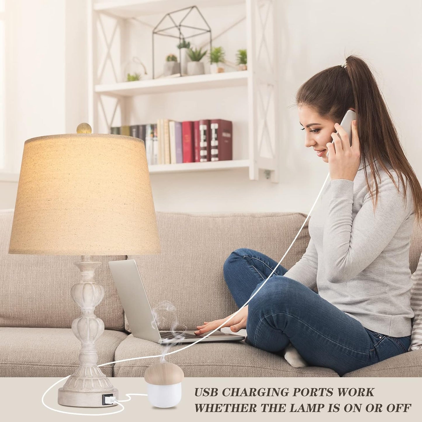 Touch Control Coastal Farmhouse Table Lamp Set of 2, 3-Way Dimmable Bedside Lamp with 2 USB Charging Ports, French Country Style Nightstand Lamp for Living Room, Bedroom - Washed White image 5
