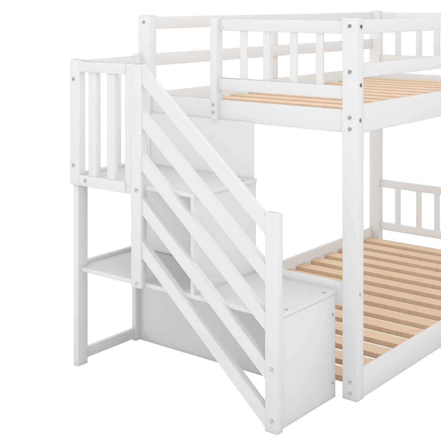 Twin over Twin Floor Bunk Bed, Ladder with Storage, White image 12